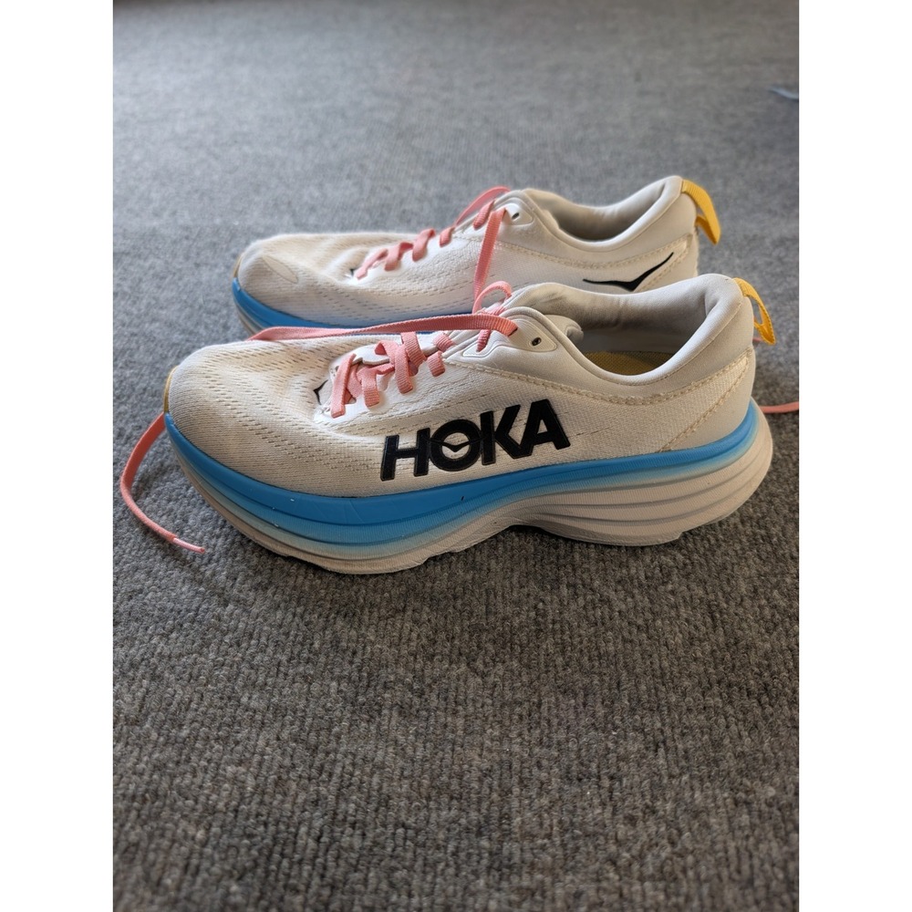 Hoka One One Bondi 8 Women's Size 7B Running Shoes White Blue Pink Yellow